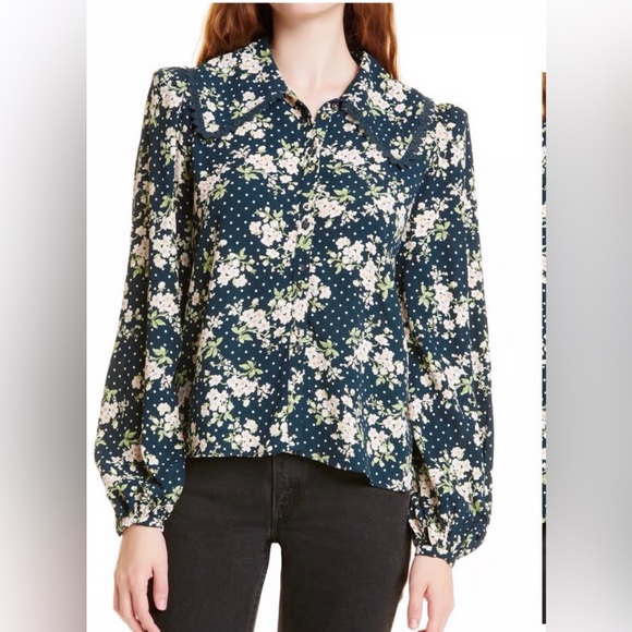 ByTiMo Tops - ByTiMo Anthropologie Floral And  Dot Cupro Crepe Button Blouse Dark Blue Navy M